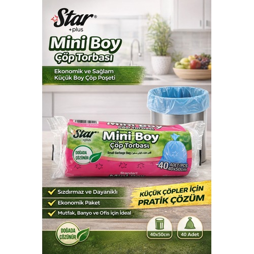 Star Plus Mini Boy ��p Torbas� 40'l� 1 Paket 40x50 cm Dayan�kl� S�zd�rmaz K���k Boy ��p Po�eti