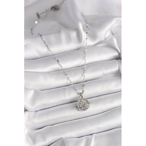 316L �elik G�m�� Renk Zincir Zirkon Ta�l� Y�ld�z Detay Gezegen Model Kad�n Kolye