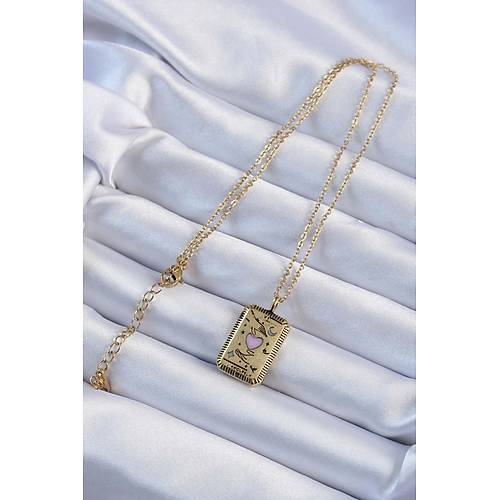 316L �elik Zincir Eskitme Alt�n Renk Pembe Mineli Kalp Fig�rl� Tarot Kolye