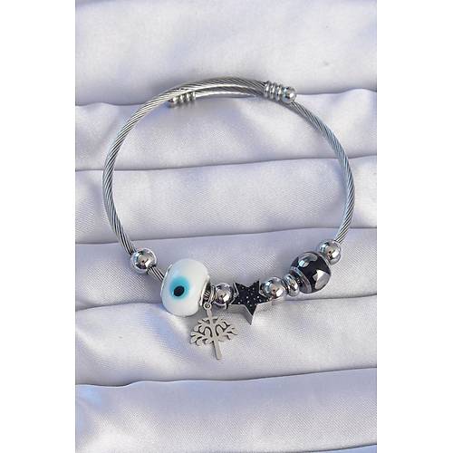 316L �elik G�m�� Renk Siyah Zirkon Ta�l� Y�ld�z Tasar�ml� A�a� Detay Nazarl� Charm Bileklik