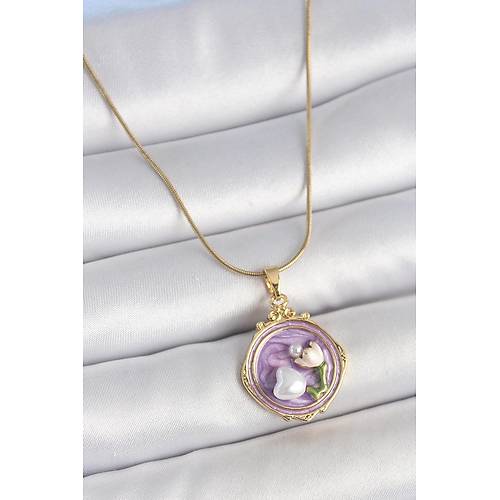 316L �elik Gold Renk Zincir Mor Mineli �ncili �i�ek ��lemeli Portre Model Kad�n Kolye