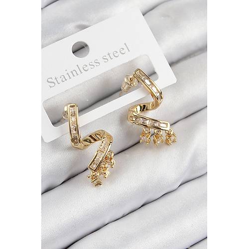 Pirin� Zirkon Ta�l� K�vr�ml� Model Gold Renk Kad�n K�pe