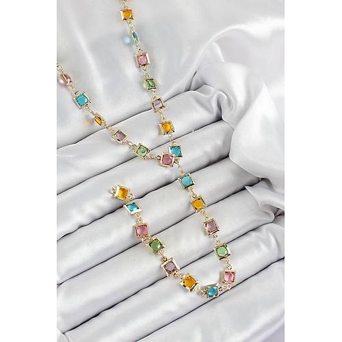 Pirin� Asorti Kare Model Gold Renk Zirkon Ta�l� Y Kolye