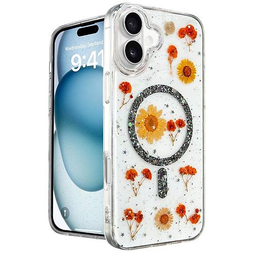 iPhone 16 K�l�f Daisy Simli Magsafe Kapak - Siyah