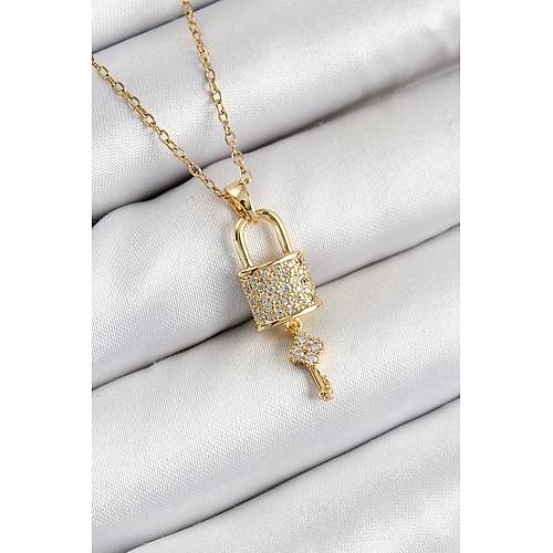 316L �elik Zirkon Ta�l� Kilit Ve Sallant�l� Anahtar Model Gold Renk Kad�n Kolye
