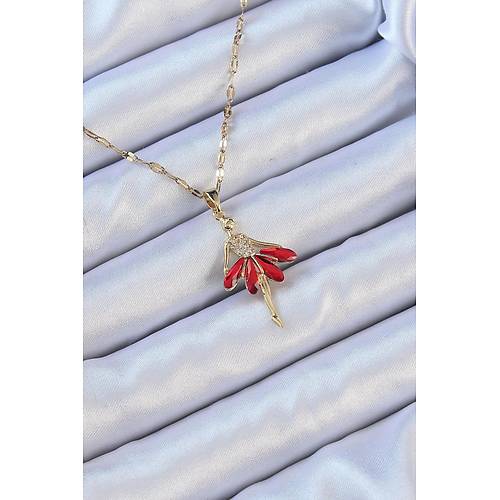 316L �elik Zincir Alt�n Renk K�rm�z� Etekli Zirkon Ta�l� Balerin Kolye