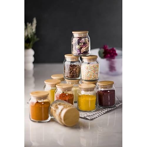 12'li Bambu Kapakl� Cam Kavanoz & Baharat Tak�m� & Baharatl�k Seti 250 ML (Vakum Kapak)