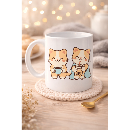 Sevimli Kedi Tasar�ml� Porselen Kupa MODEL 194 � �kili Cute Cat Bask�l� Kahve Kupas� � Kedi Severlere Hediyelik Porselen Kupa Bardak 330 ml