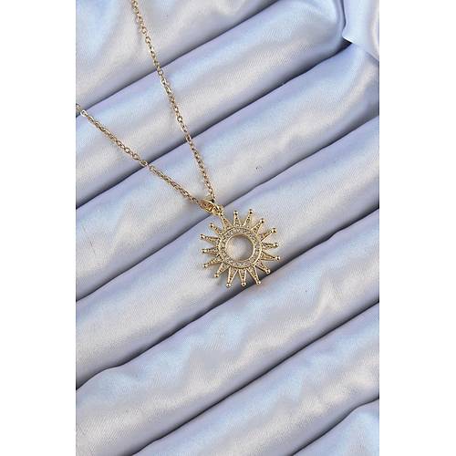 316L �elik Zincir Alt�n Renk Zirkon Ta�l� Parlayan G�ne� Kolye