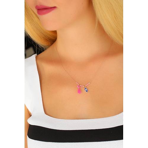 Nazar Boncuklu Pembe Renk Ta�l� Rose Bayan Kolye