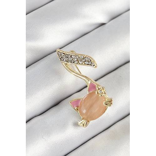 Zirkon Ta�l� 3D Kedi Detayl� Nota Fig�rl� Gold Renk Kad�n Bro�