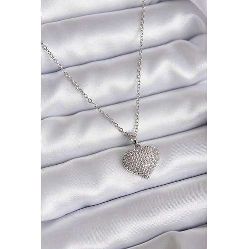316L �elik Zincir G�m�� Renk Zirkon Ta� Detay Kalp Model Kad�n Kolye