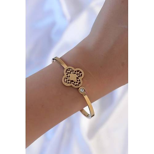 316L �elik Alt�n Renk Zirkon Ta�l� Simli Yonca Kelep�e