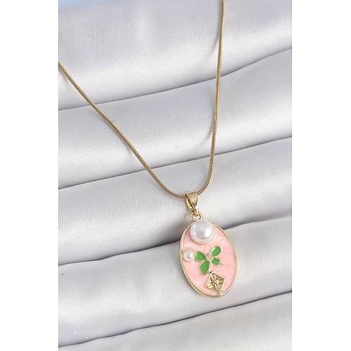 316L �elik Gold Renk Zincir Pembe Mineli Oval �ncili �i�ek ��lemeli Portre Model Kad�n Kolye