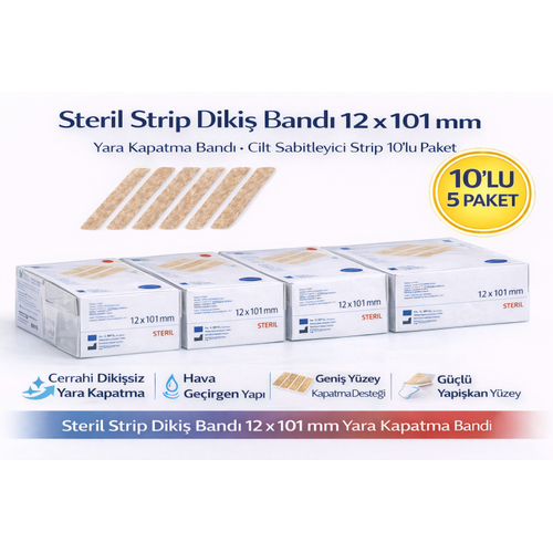 Steril Strip Diki� Band� 12 x 101 mm Yara Kapatma Band� Cilt Sabitleyici Strip 10�lu 5 Paket