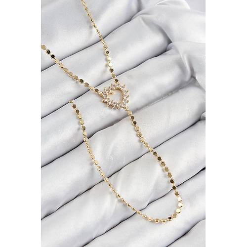 Pirin� Zirkon Ta�l� Ezme Zincirli Kalp Model Gold Renk Y Kolye