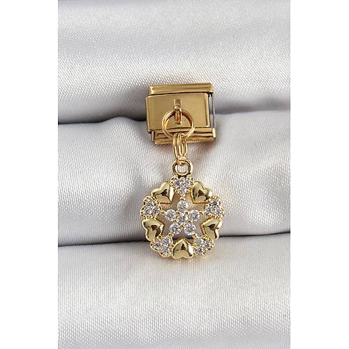 316L �elik Sallant�l� Zirkon Ta�l� Kalp Detayl� Y�ldz Model Gold Renk Nomination Charm