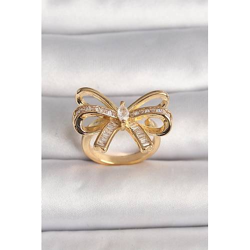 Pirin� Gold Renk Ayarlanabilir Zirkon Ta�l� Kurdele Model Kad�n Y�z�k