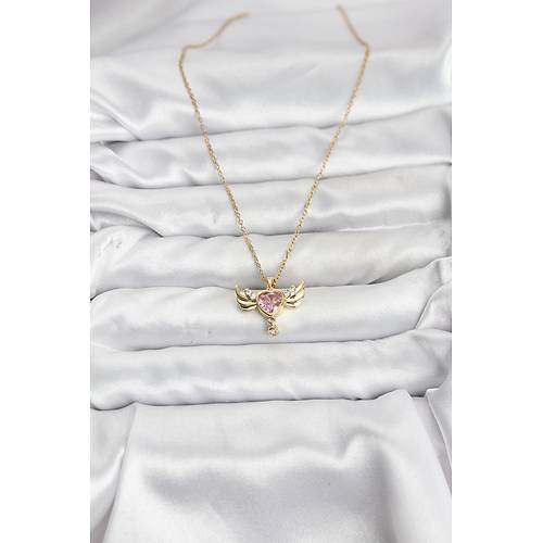 316L �elik Zincir Gold Renk Kanatl� Kalp Model Zirkon Ta�l� Kad�n Kolye