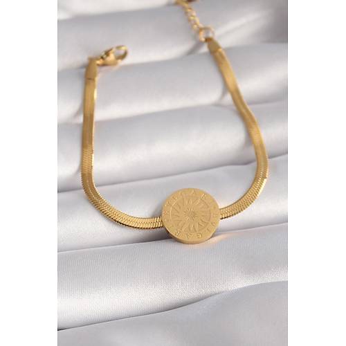 316L �elik Gold Renk �talyan Zincir Model ��lemeli Madalyon Fig�r Kad�n Bileklik