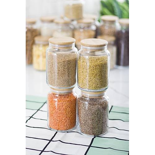 12'li Bambu Kapakl� Cam Kavanoz & Erzak Saklama Kab� Seti 3* 1.3 Lt + 0.80 Lt + 0.50 Lt(Vakum Kapak)