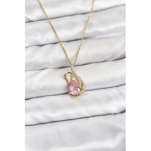 316L �elik Zincir Gold Renk Pembe Ku�u Model Zirkon Ta�l� Kad�n Kolye