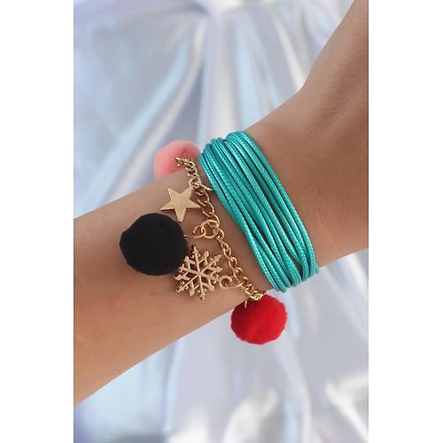 Turkuaz Renk Kar Tanesi Fig�r Zincir Detay �pli �oklu Bileklik