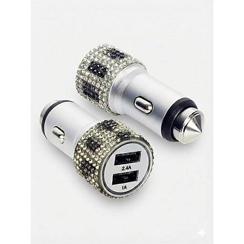 Kristal Ta�l� Metal Ara� �akmakl�k �arj Aleti �ift USB-A Giri�li H�zl� �arj 2.4A 12-24v Leopar