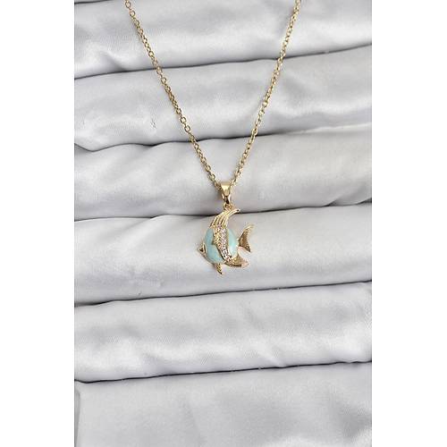 316L �elik Zincir Gold Renk Bal�k Model Zirkon Ta�l� Kad�n Kolye