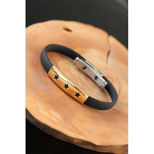 Gold Renk �elik Y�ld�zl� Tasar�m Siyah Renk Silikon Erkek Bileklik