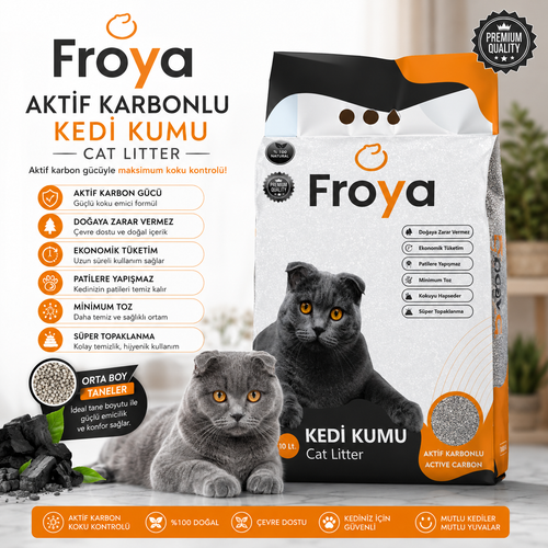 Froya Aktif Karbonlu Kedi Kumu 10 Lt Orta Taneli Topaklanan Kokusuz Do�al Kedi Kumu