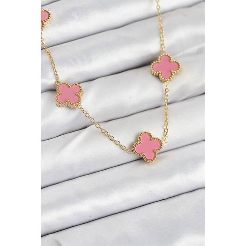 316L �elik Zincir Gold Pembe Renk Yonca Kad�n Kolye