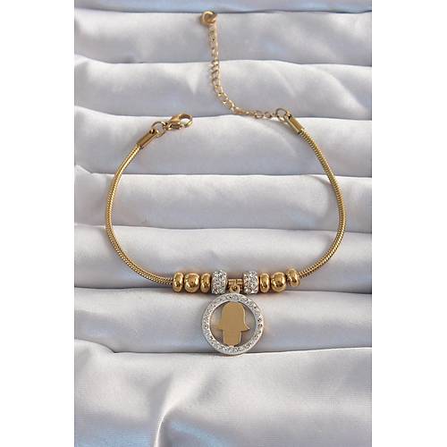 316L �elik Gold Renk Zirkon Ta� Aksesuarl� Fatma Ana Eli Bileklik