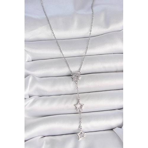 316L �elik G�m�� Renk Zincir Zirkon Ta�l� Y�ld�z Y Model Kad�n Kolye