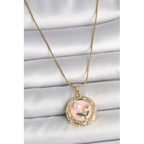 316L �elik Gold Renk Zincir Pembe �i�ek ��lemeli inci Detay Portre Model Kad�n Kolye
