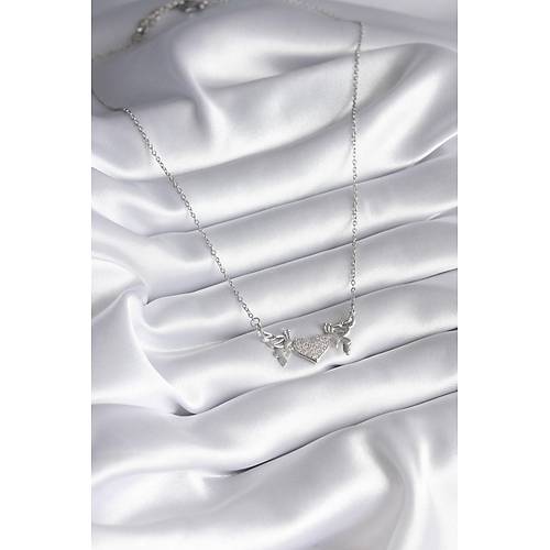 316L �elik G�m�� Renk Zirkon Ta�l� Kanat Kalp Model Kad�n Kolye