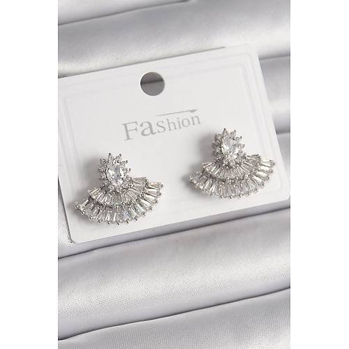 Pirin� G�m�� Renk Zirkon Ta�l� Yelpaze Model Kad�n K�pe