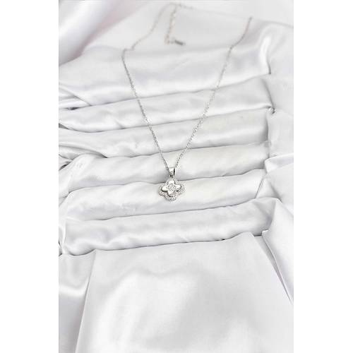 316L �elik Zincir G�m�� Renk Zirkon Ta�l� Yonca Model Kad�n Kolye