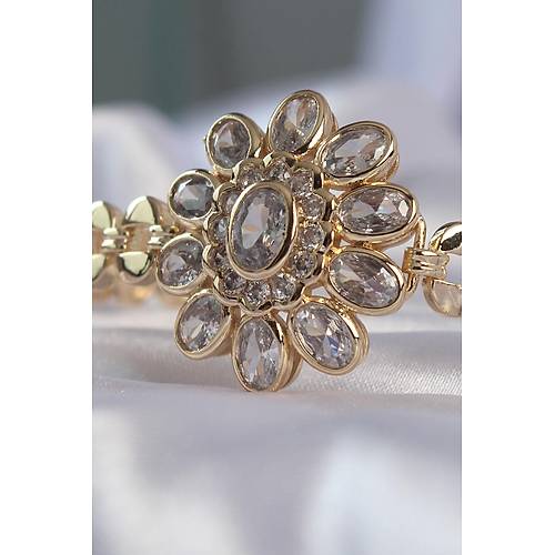 Pirin� Gold Renk �ri Zirkon Ta�l� �i�ek Fig�rl� Bileklik