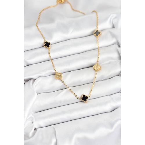 316L �elik Zincir Gold Renk Siyah ve Zirkon Ta�l� Baby Boy Yonca Kad�n Kolye