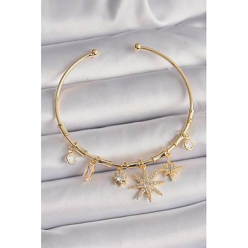 Pirin� Gold Renk Sallant� Zirkon Ta�l� Kutup Y�ld�z Fig�r Charm Bileklik