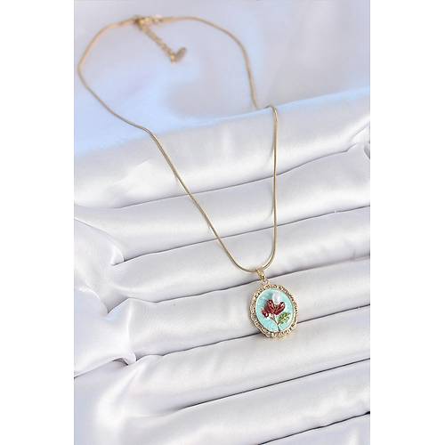 316L �elik Gold Renk Zincir Turkuaz Mineli �ncili �i�ek ��lemeli Portre Model Kad�n Kolye