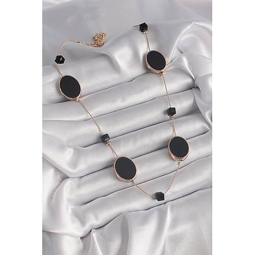 Pirin� Gold Renk Siyah Renk Oval Siyah K�p Detay Kad�n Kolye