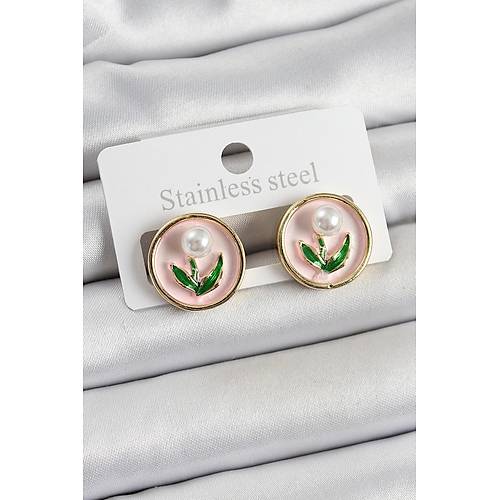 Pirin� Pembe Mineli Lale Fig�rl� Sanatsal Portre Model Gold Renk Kad�n K�pe