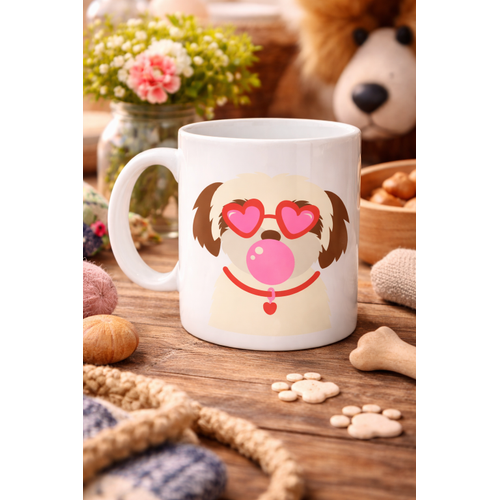 Kalpli G�zl�kl� Shih Tzu Tasar�ml� Porselen Kupa MODEL 53 � Sevimli K�pek Fig�rl� Kahve & �ay Kupas�