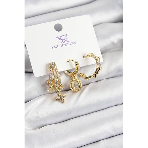 Pirin� Z�rkon Ta�l� Sallant�l� Y�ld�z Model Gold Renk 3'l� Kad�n K�pe
