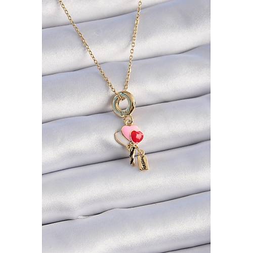 316L �elik Gold Renk Renkli Kalp Fig�r Charm Model Kad�n Kolye