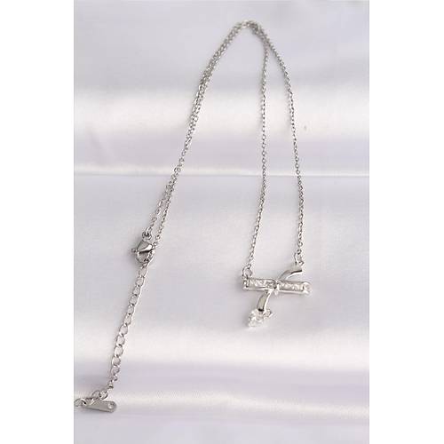 316L �elik Zincir G�m�� Renk Zirkon Ta�l� Kalp Detay Fiyonk Kolye