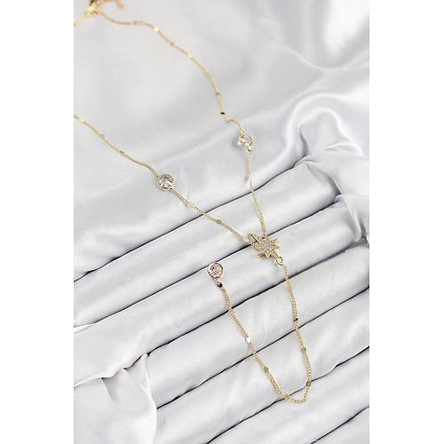Pirin� Zirkon Ta�l� Kutup Y�ld�z� Model Gold Renk Y Kolye