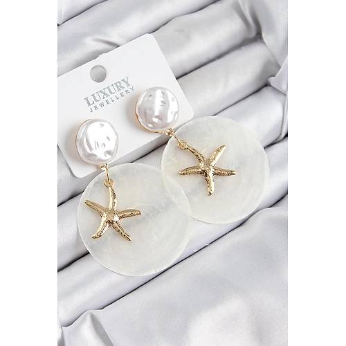 Pirin� �ncili Deniz Kabu�u Fig�rl� Sedef Model Gold Renk Kad�n K�pe